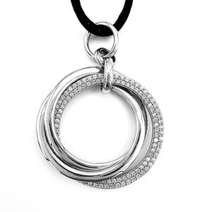 Three Ring Rodium Plated Sterling Silver & CZ Necklace. On black silk cord